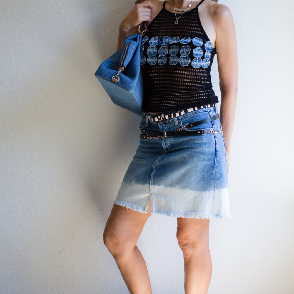 Mango Jean Low Rise Mini Button Up Skirt 4 Faded Denim Gradient Blue White